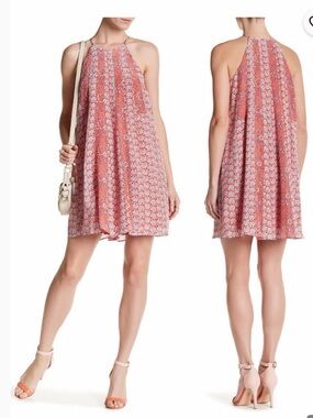 Rebecca Taylor Coral-Pink Printed Halter Mini Dress 100% silk